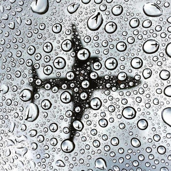 Water drops reflecting the image of an airplane passing overhead
